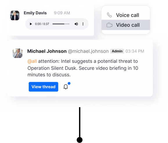 Chat interface showing Emily Davis's 37-second voice message played at 9:09 AM, call options for voice and video call, and Michael Johnson's message about a potential threat to Operation Silent Dusk with a view thread button, timestamped 3:34 PM.